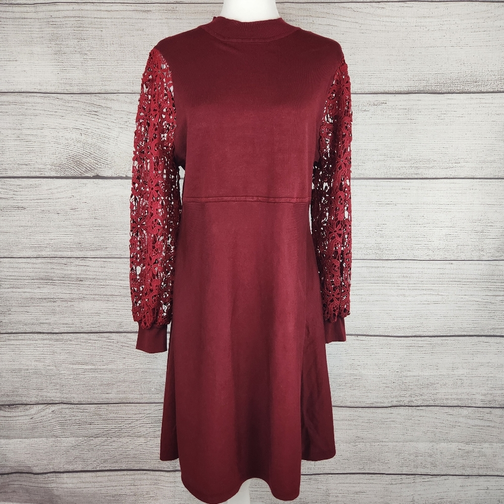 Hailey Lyn Crimson Red Lace Sleeve A-line Midi Dress